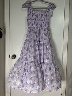 Altar'd State Lilac Floral Tie-Shoulder Smocked Midi Dress